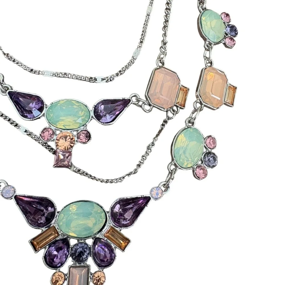GUESS Silver Tone Layered Statement‎ Necklace Pastel Crystal Bib Multi Chain Y2K